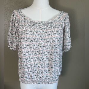 Lucky Brand Geometric Print Blouse Button Detail- White and Green Off Shoulder M